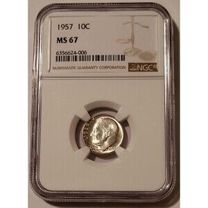1957 Roosevelt Dime MS67 NGC Light Toning